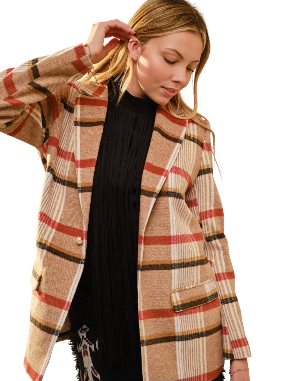 New blue b Brown Cream Rust Burnt Orange Plaid Pearl Button Boyfriend Fit Blazer